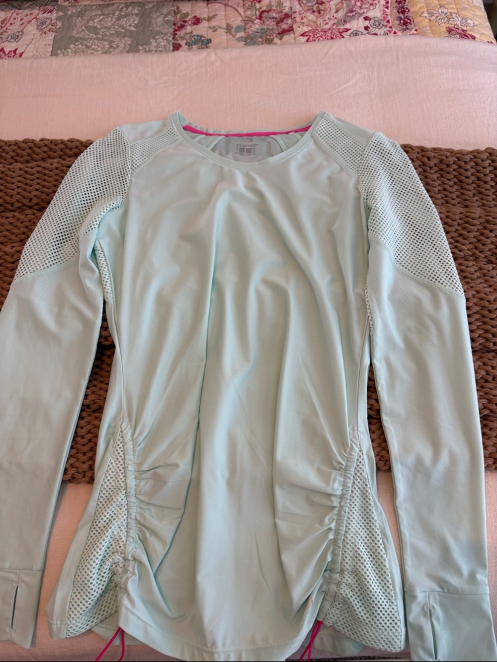 MPG Women's Long Sleeve Performance Top in Light Blue with Pink Trim